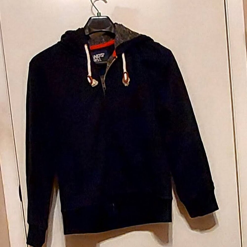 Lands End  Warm Black Hooded Jacket Rope Draw Strings Gray Blanket Lined Sz M